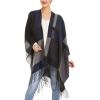 Cardigan Poncho Cape: Women Elegant Cardigan Shawl Wrap Sweater Coat for Fall Winter(Checker Design – Navy and Gray)