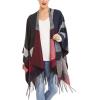 Cardigan Poncho Cape: Women Elegant Cardigan Shawl Wrap Sweater Coat for Fall Winter(Checker Design – Red Navy and Gray)