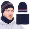 Beanie Neck Warmer Set with Wool Fleece Fur Scarf Gaitor Skull Cap Knit Hat Ski for Fall Winter(Navy)
