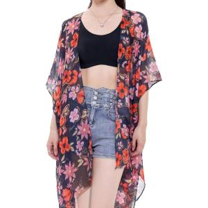 MELIFLUOS DESIGNED IN SPAIN Women’s Beach Cover Up Swimsuit Kimono Pareo Sarong Beach Wear Dress for Summer(Marbella Collection 2 – Black and Red Flower Pattern)