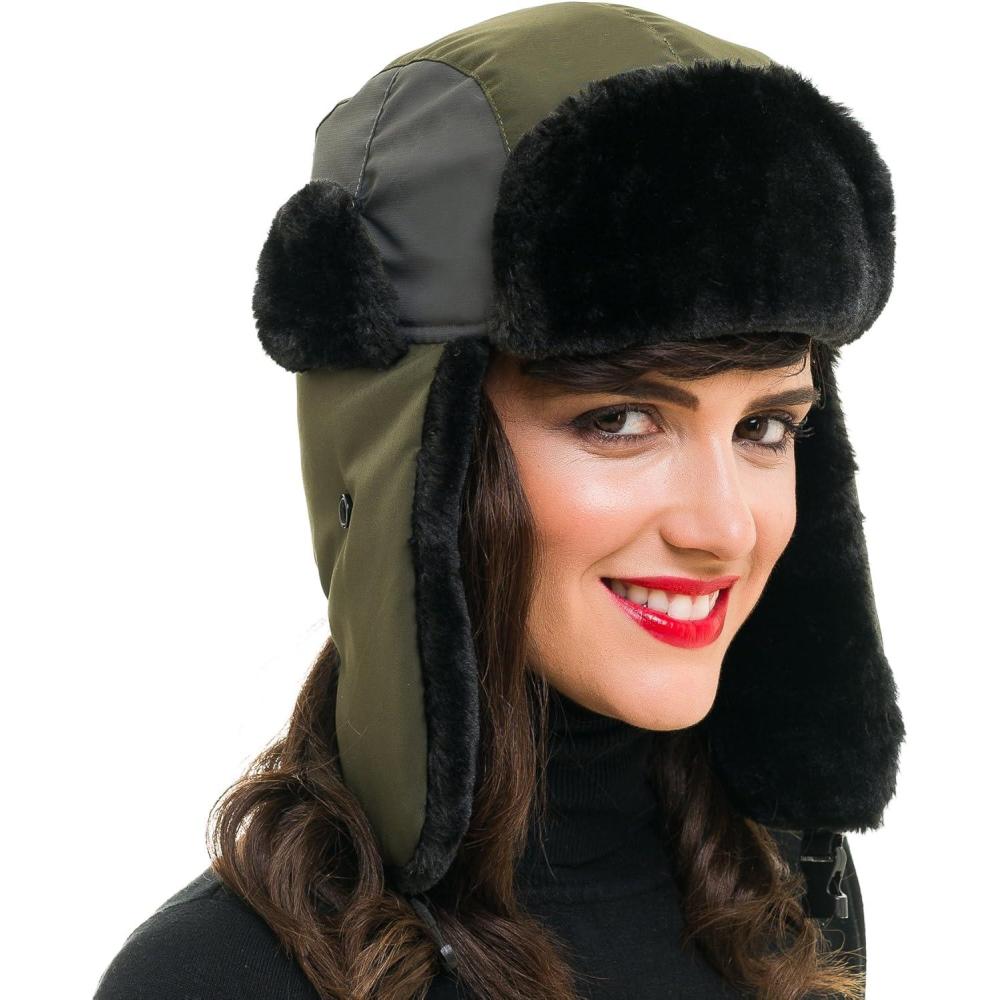 imageMELIFLUOS DESIGNED IN SPAIN Trapper Hat for Men and Women Russian Warm Fur Ski Fall Winter HuntingArmy Green