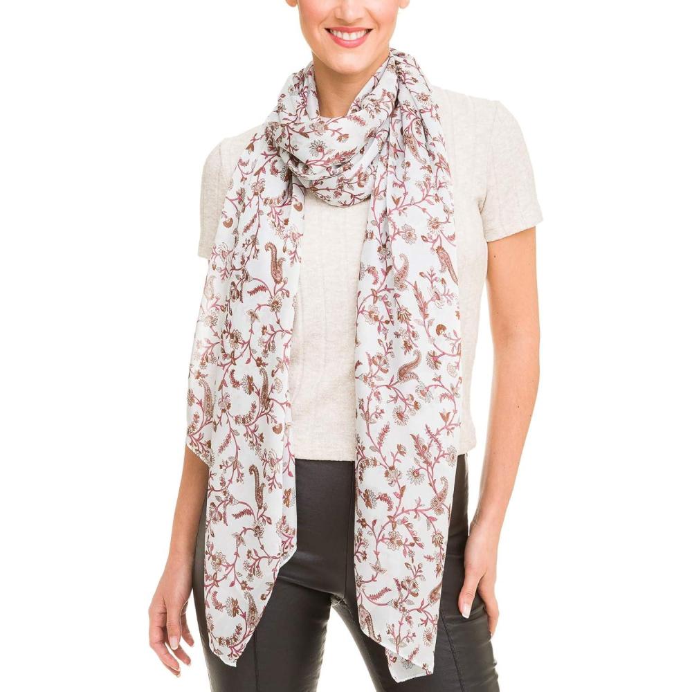imageScarf for Women Lightweight Silk Feel Summer Fall Oblong Fashion Scarves ShawlJaen Collection 5  Light Gray With Red Floral