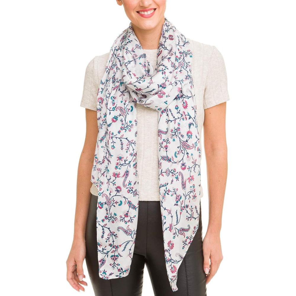 imageScarf for Women Lightweight Silk Feel Summer Fall Oblong Fashion Scarves ShawlJaen Collection 5  Off White With Blue Floral