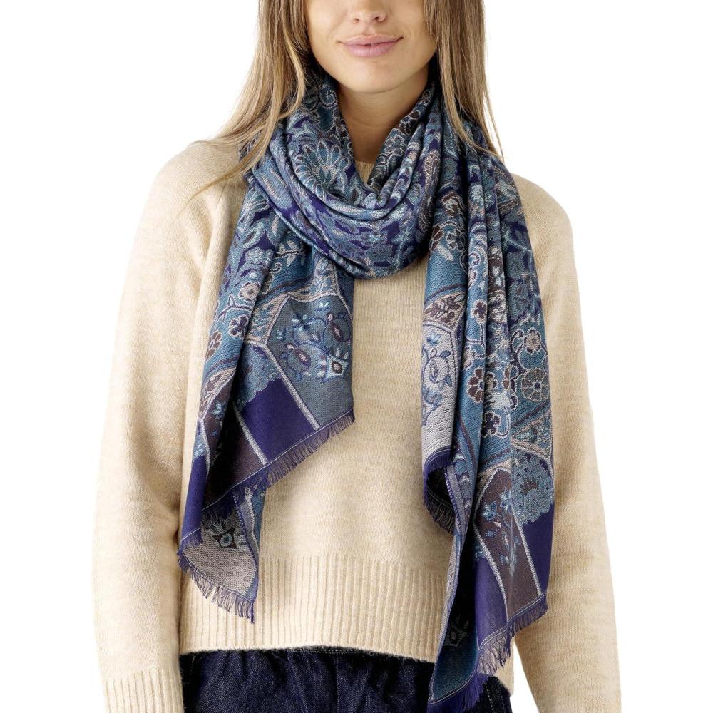 imageScarf for Women Spanish Design Elegant Long Shawl Scarves for Summer FallClares Collection  Floral Pattern Navy