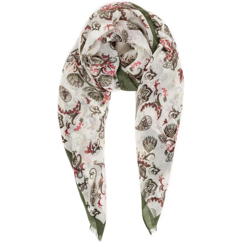 image:imageMELIFLUOS DESIGNED IN SPAIN Scarf for Women Lightweight Paisley Fashion for Summer Fall Scarves Shawl WrapCordoba Collection 3 Off White With Green Boder
