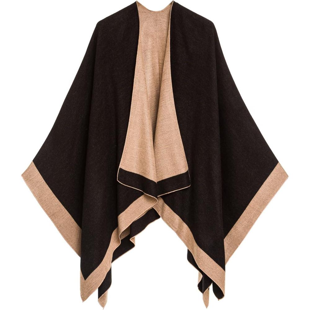 image:imageWomens Shawl Wrap Poncho Ruana Cape Cardigan Sweater Open Front for Fall WinterBorder Design Beige and Black