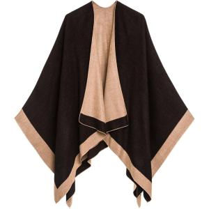 Women’s Shawl Wrap Poncho Ruana Cape Cardigan Sweater Open Front for Fall Winter(Border Design – Beige and Black)