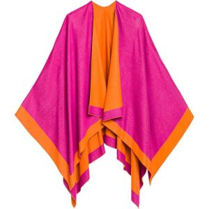 Women’s Shawl Wrap Poncho Ruana Cape Cardigan Sweater Open Front for Fall Winter(Border Design – Fuschia and Orange)